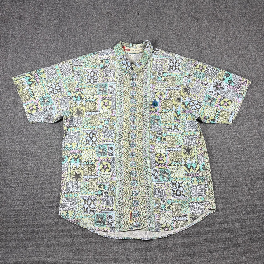 Vintage 80s 90's Quicksilver Geometric Aztec Print Hawaiian Shirt Skate Surf XL